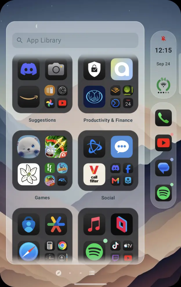 Folio’s App Library: a search field and apps sorted into groups like Productivity, Games and Social