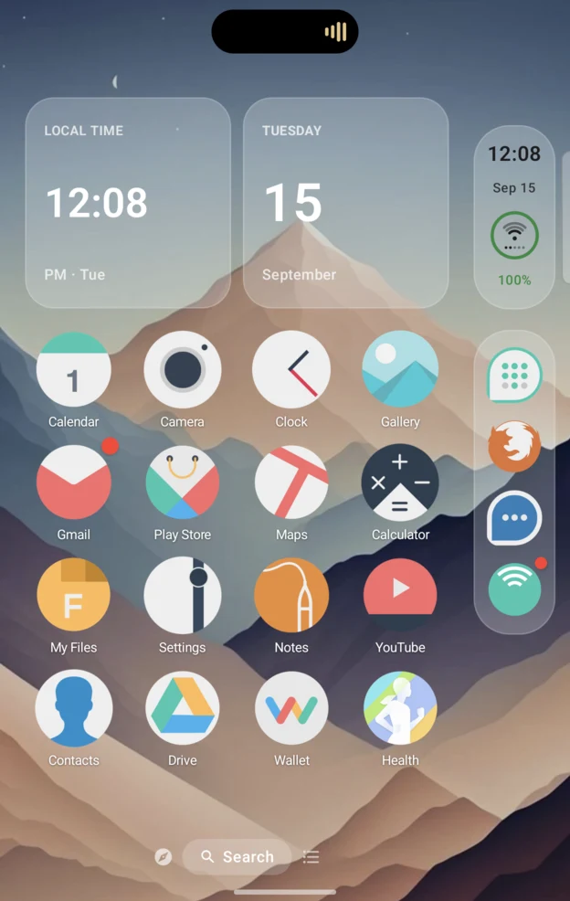 Folio's Home screen on the Galaxy Z Fold8 cover screen, with the Dynamic Island around the camera