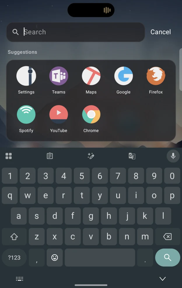 Spotlight search open, listing apps and results as you type