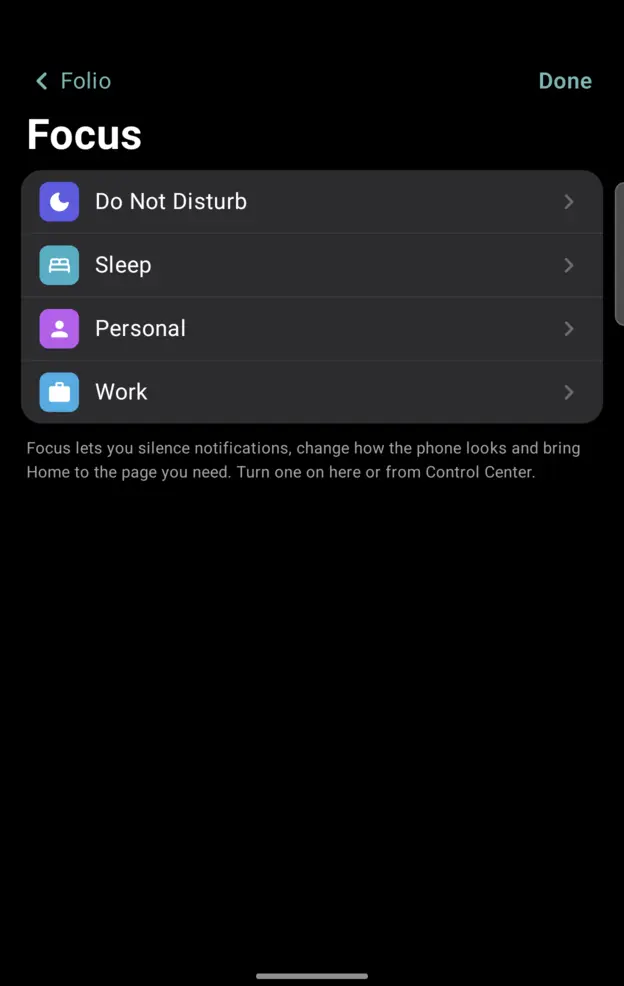 Folio’s Focus settings: Do Not Disturb, Sleep, Personal and Work
