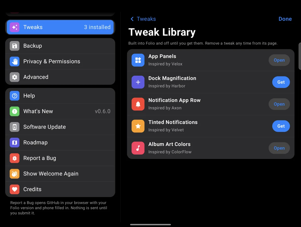 The Tweak Library on the unfolded screen, listing tweaks with what each one changes